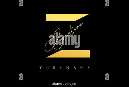 Kreatives goldenes Z-Logo mit Schnitten und handgeschriebenem Textkonzept. Buchstabe mit geometrischem Design. Vektor-Illustration mit Brief und kreativem Schnitt. Stock Vektor