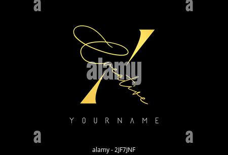 Kreatives goldenes X-Logo mit Schnitten und handgeschriebenem Textkonzept. Buchstabe mit geometrischem Design. Vektor-Illustration mit Brief und kreativem Schnitt. Stock Vektor