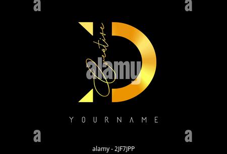 Kreatives goldenes D-Logo mit Schnitten und handgeschriebenem Textkonzept. Buchstabe mit geometrischem Design. Vektor-Illustration mit Brief und kreativem Schnitt. Stock Vektor