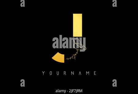 Kreatives goldenes J-Logo mit Schnitten und handgeschriebenem Textkonzept. Buchstabe mit geometrischem Design. Vektor-Illustration mit Brief und kreativem Schnitt. Stock Vektor