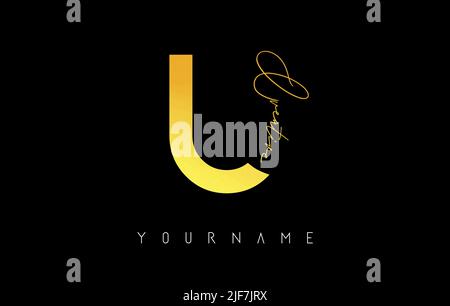 Kreatives goldenes U-Logo mit Schnitten und handgeschriebenem Textkonzept. Buchstabe mit geometrischem Design. Vektor-Illustration mit Brief und kreativem Schnitt. Stock Vektor