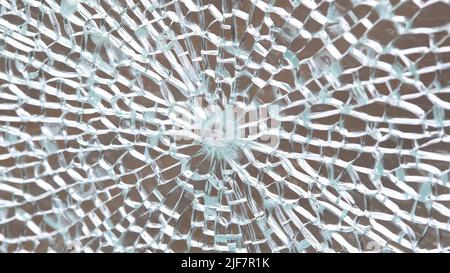 Gebrochenes gehärtetes Glas abstrakte Hintergrundstruktur, zerbrochene Glasfenster Objekt Struktur, Bullet Hole Makro Detail extreme Nahaufnahme, niemand. Beschädigt Stockfoto