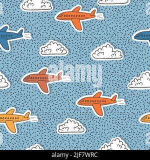 Nahtloses Kindermuster mit bunten Flugzeugen und Wolken für Kinder im Retro-Stil Stock Vektor