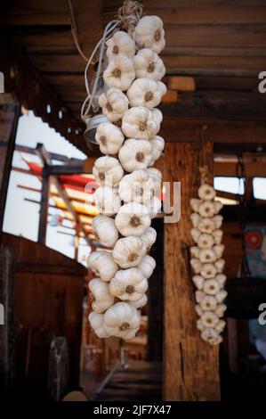 String aus trockenem weißem Knoblauch hängt, Serbien