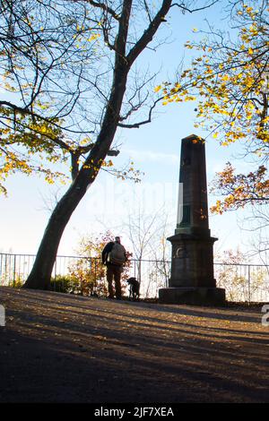 Königswinter, Deutschland - 28. November 2020: Denkmal auf der Burgruine Drachenfels an einem Herbstnachmittag in Deutschland mit dunklen Schatten auf dem Blatt bedeckt g Stockfoto