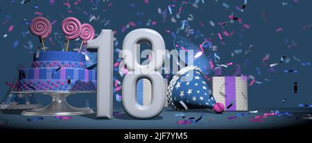 Vorne solide weiße Zahl 18, Geburtstagskuchen mit Lutscher-Süßigkeiten, Geschenke und Party-Hut mit Bugles schießen rosa und lila Konfetti ag geschmückt Stockfoto