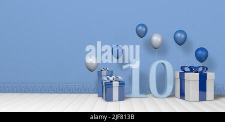 Hellblaue Zahl 10 zwischen hellblauen und weißen Geschenkschachteln, die mit Ballons geschmückt sind und auf weißem Holzboden in einem leeren Raum mit pastellblauer Wand schweben. Stockfoto