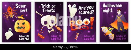 Halloween Night Party 4 festliche helle gruselige Poster mit Spinnen Schädel Knochen Kürbis Kopf Vektor-Illustration Stock Vektor