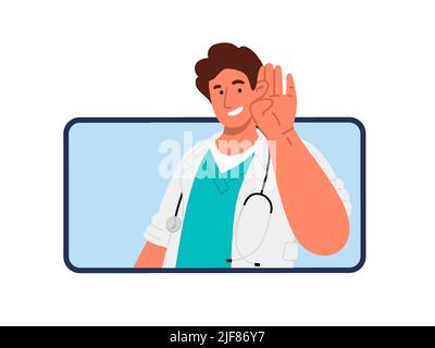 Der Arzt hört dem Patienten auf dem mobilen GeräteOnline-Beratungskonzept aufmerksam zu Stock Vektor