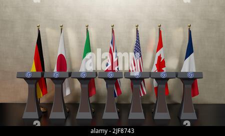 Flaggen von G7 Ländern. Alle offiziellen Nationalflaggen von G7 Kanada, Frankreich, Deutschland, Italien, Japan, Das Vereinigte Königreich, die Vereinigten Staaten von Amerika. 3D W Stockfoto