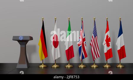 Gipfel G7. Flaggen der Mitglieder von G7 Gruppe von sieben und Liste der Länder, Gruppe von sieben. 3D Illustration und 3D Arbeit Stockfoto