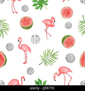 Flamingo-Vogelmuster. Vektor nahtlose Aquarell tropischen Hintergrund mit Flamingo und exotischen Blättern Stock Vektor