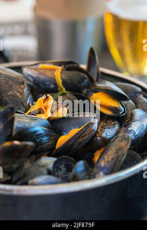 Gekochte Muscheln in einer schwarzen Schüssel und Bier in einem Restaurant. Meeresfrüchte. Klassische traditionelle französische Küche. Leckeres Abendessen. Stockfoto