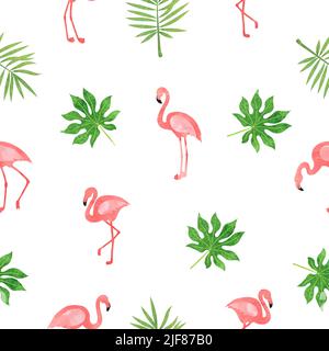 Nahtloses Flamingo-Vogelmuster. Vektor tropischen Hintergrund mit Aquarell Flamingos und exotischen Blättern Stock Vektor