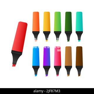 Markierungssatz für Textmarker. Schulwerkzeuge. Büromaterial. Vektorgrafik. Stock Vektor