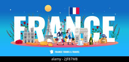 Frankreich Tourismus-Konzept mit Touren und Reise-Symbole flache Vektor-Illustration Stock Vektor