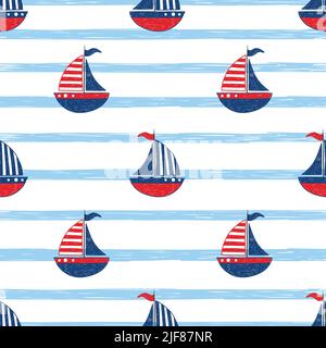 Nahtloses Seemuster mit niedlichen Cartoon-Segelbooten. Vektorgrafik Marine. Stock Vektor