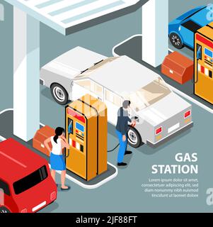 Vertrauen Tankstelle isometrische Poster Kunden Blick auf Benzinpumpe und tanken Kraftstoff in Auto Vektor-Illustration Stock Vektor