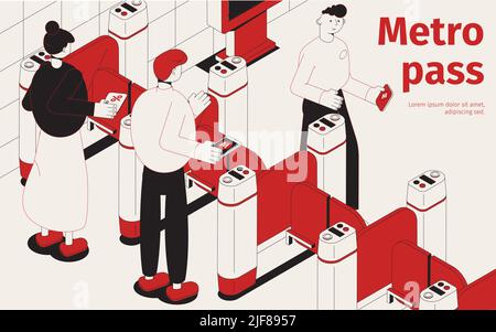 U-Bahn-Pass isometrischen Zusammensetzung in schwarz und rot mit Fahrgästen Betreten der U-Bahn-Station durch Drehkreuze Vektor-Illustration Stock Vektor