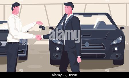 Gebrauchte Auto-Händler flache Zusammensetzung mit menschlichen Charakteren der Autohaus-Manager schüttelt die Hände mit Käufer Vektor-Illustration Stock Vektor