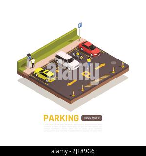 Bezahlte rechtwinklige Parkplatz für Motorräder Autos Roller leichte Fahrzeuge mit reservierten Räumen isometrische Zusammensetzung Vektor-Illustration Stock Vektor