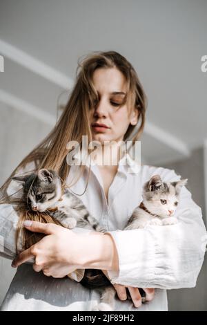 Katzenadoption, adoptieren Kätzchen aus Rettungen und Unterkünften. Porträt einer Frau, die mit zwei ausgezüchteten Adoptivkätzchen spielt Stockfoto
