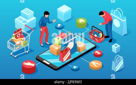 Isometrische Online-Shopping horizontale Zusammensetzung mit 3D runden Piktogrammen von Waren Einkaufswagen Smartphone und Menschen Vektor-Illustration Stock Vektor