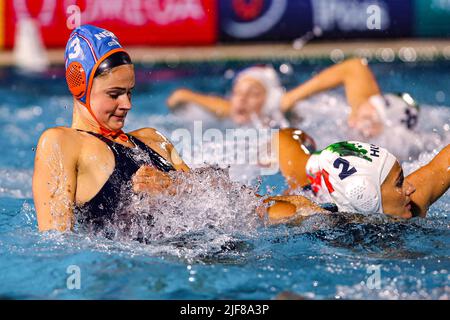 BUDAPEST, UNGARN - 30. JUNI: Brigitte Sleeking aus den Niederlanden, Dorottya Szilagyi aus Ungarn während der FINA World Championships Budapest 2022 Halbfinalspiel Ungarn gegen Niederlande am 30. Juni 2022 in Budapest, Ungarn (Foto: Albert ten Hove/Orange Picts) KNZB Stockfoto