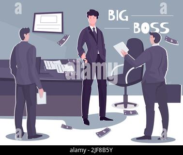 Chairman Board Komposition mit Text und Bürolandschaft mit Doodle Stil Zeichen von drei Unternehmen Führungskräfte Vektor-Illustration Stock Vektor