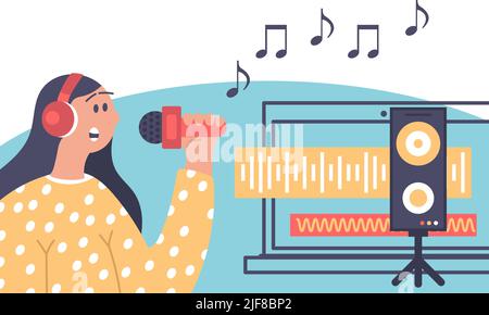 Frau, die Musik und Sound auf dem Arbeitsplatz anspielt. Character Composer mischen Gesang und Audio Song Vektor Illustration. Produzent mit Kopfhörer und equali Stock Vektor