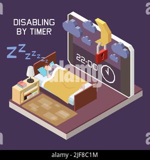 Elterliche digitale Steuerung Begrenzung der Bildschirmzeit isometrische Zusammensetzung mit deaktiviert durch Timer Smartphone Vektorgrafik Stock Vektor