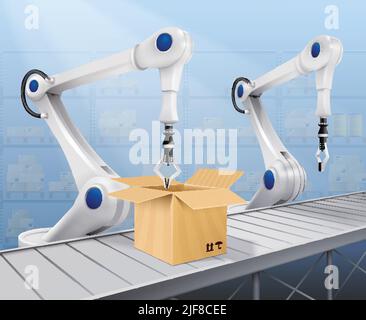 Roboterarm realistischer Hintergrund mit Verpackung Waren Symbole Vektor-Illustration Stock Vektor
