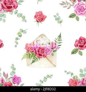 Aquarell Rose und Herz nahtlose Muster. Handgezeichnete Valentinstagsillustrierung für Stoff, Geschenkpapier auf weißem Hintergrund Stockfoto