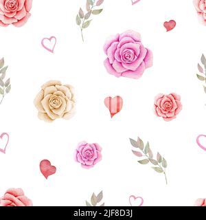 Aquarell Rose und Herz nahtlose Muster. Handgezeichnete Valentinstagsillustrierung für Stoff, Geschenkpapier auf weißem Hintergrund Stockfoto