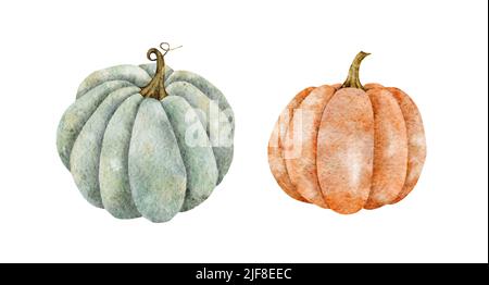 Aquarell-Kürbisse, Herbst-Illustration isoliert auf weißem Hintergrund. Kranz. Perfekt für Karte, Menü, Einladung, Tags, Druck Stockfoto