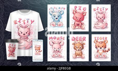 Cartoon-Figur entzückende Set Tiere, hübsche Zoo-Idee für Druck-T-Shirt, Poster und Kinder-Umschlag, Postkarte. Niedliche handgezeichnete Stil Tier Stock Vektor