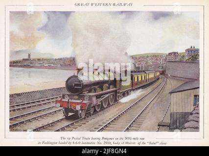 Vintage-Wasserfarbe des Up Postal Train, der Penzance auf seiner 305 Meilen langen Strecke verlässt. Stockfoto