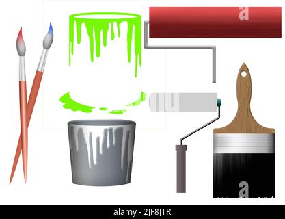 Farbbehälter, Pinsel und Farbwalzen sind in 3-d-Abbildungen als grafische Ressourcen zu sehen. Stockfoto