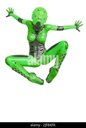 Super Soldat weiblich tun einen Comic Spinne springen. Dieser super Cyborg in Clipping-Pfad ist sehr nützlich für grafische Design-Kreationen, 3d-Illustration Stockfoto