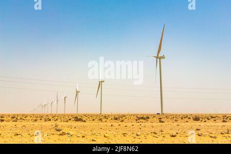 Boujdour, Marokko - 18. Juni 2022 : Windkraftanlagen im Park von Boujdour in Marokko Stockfoto