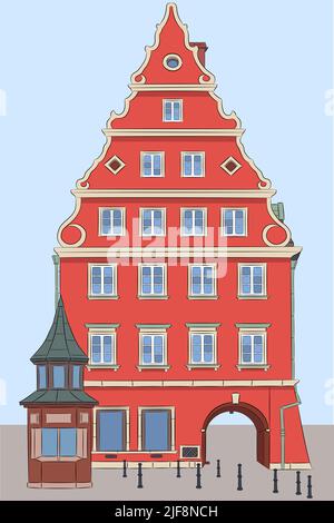 Schönes rotes mittelalterliches Haus auf dem Marktplatz. Polen. Breslau. Vektorgrafik. Stock Vektor