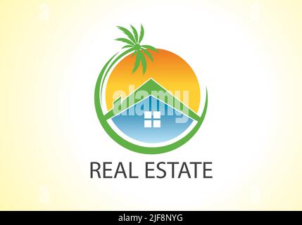 Immobilien- und Palmenvektor-Logo-Design Stock Vektor