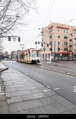 Tri-Met-Nahverkehrszug nach Beaverton, Downtown Portland, Oregon. Stockfoto