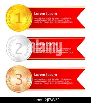 Medaillenanhänger für Siegerprodukte. Dekoration vergibt Medaillen für 1. 2. und 3. Plätze, Business Premium-Gütesiegel, Vektorgrafik Stock Vektor