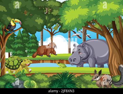 Waldszene mit verschiedenen wilden Tieren Illustration Stock Vektor