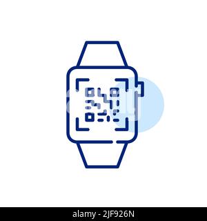 Smart Watch scannt einen qr-Code. Pixel-perfektes, bearbeitbares Strichliniensymbol Stock Vektor