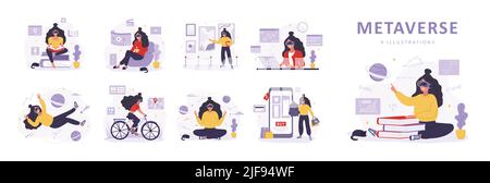 Metaverse-Konzept. Frauen in virtuellen Brillen lernen, meditieren, arbeiten und Sport treiben. Mädchen mit VR-Headsets. Moderne Technik Stock Vektor