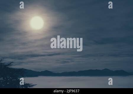Vollmond-Nachtlandschaft, Nebel im Tal Stockfoto