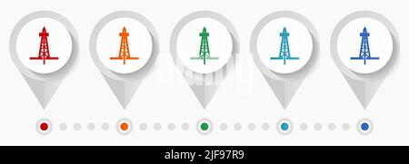 Vektorsymbole für das Bohrkonzept, bearbeitbare Infografik-Vorlage, Satz farbiger, flacher Designzeiger Stock Vektor