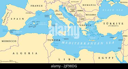 Mittelmeer, politische Landkarte mit Unterteilungen, Meerengen, Inseln und Ländern. Verbunden mit dem Atlantischen Ozean, umgeben von Mittelmeer-Becken. Stockfoto